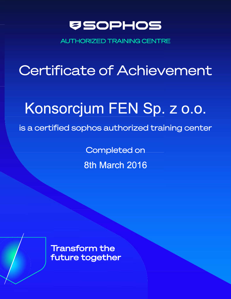Certyfikat poświadczający, że Konsorcjum FEN Sp. z o.o. od 2016 roku ma status Sophos Authorized Training Center (Autoryzowane Centrum Szkoleniowe Sophos)